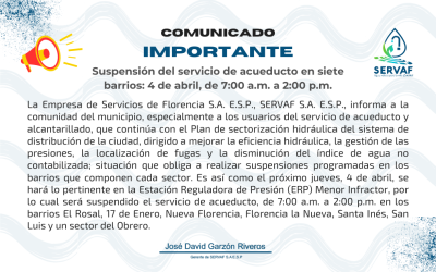 Suspensión del servicio de acueducto en siete barrios: 4 de abril, de 7:00 a.m. a 2:00 p.m.
