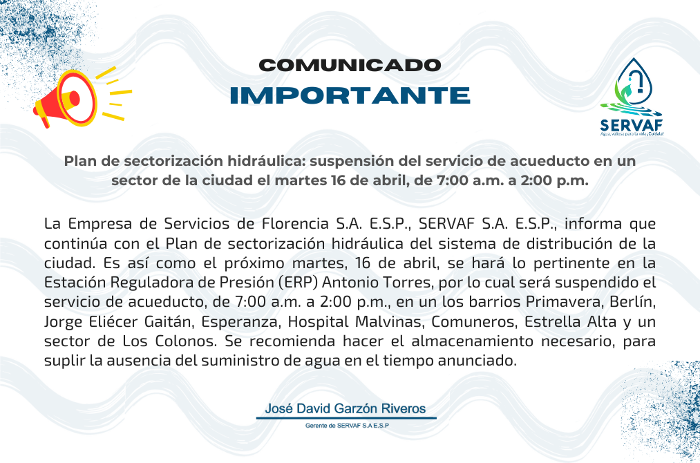 Plan de sectorización hidráulica: suspensión del servicio de acueducto en un sector de la ciudad el martes 16 de abril, de 7:00 a.m. a 2:00 p.m.