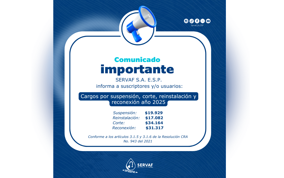 Cargos por suspensión, corte, reinstalación y reconexión año 2025